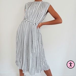 White Polka Dot Pleated Sleeveless Midi Dress